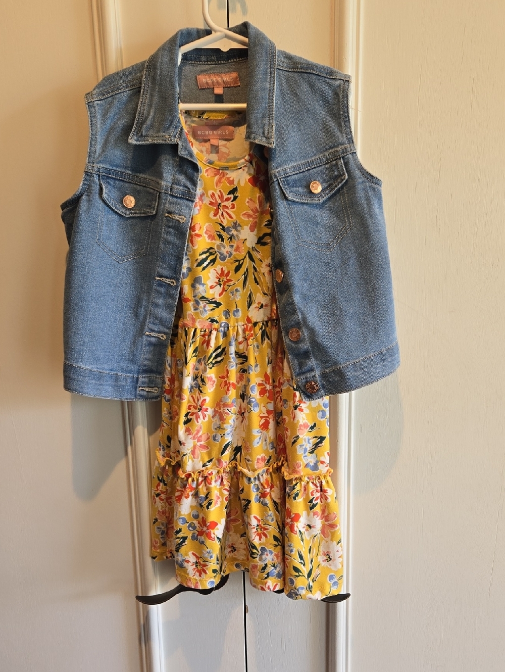 Denim Vest with Yellow Floral Dress Set